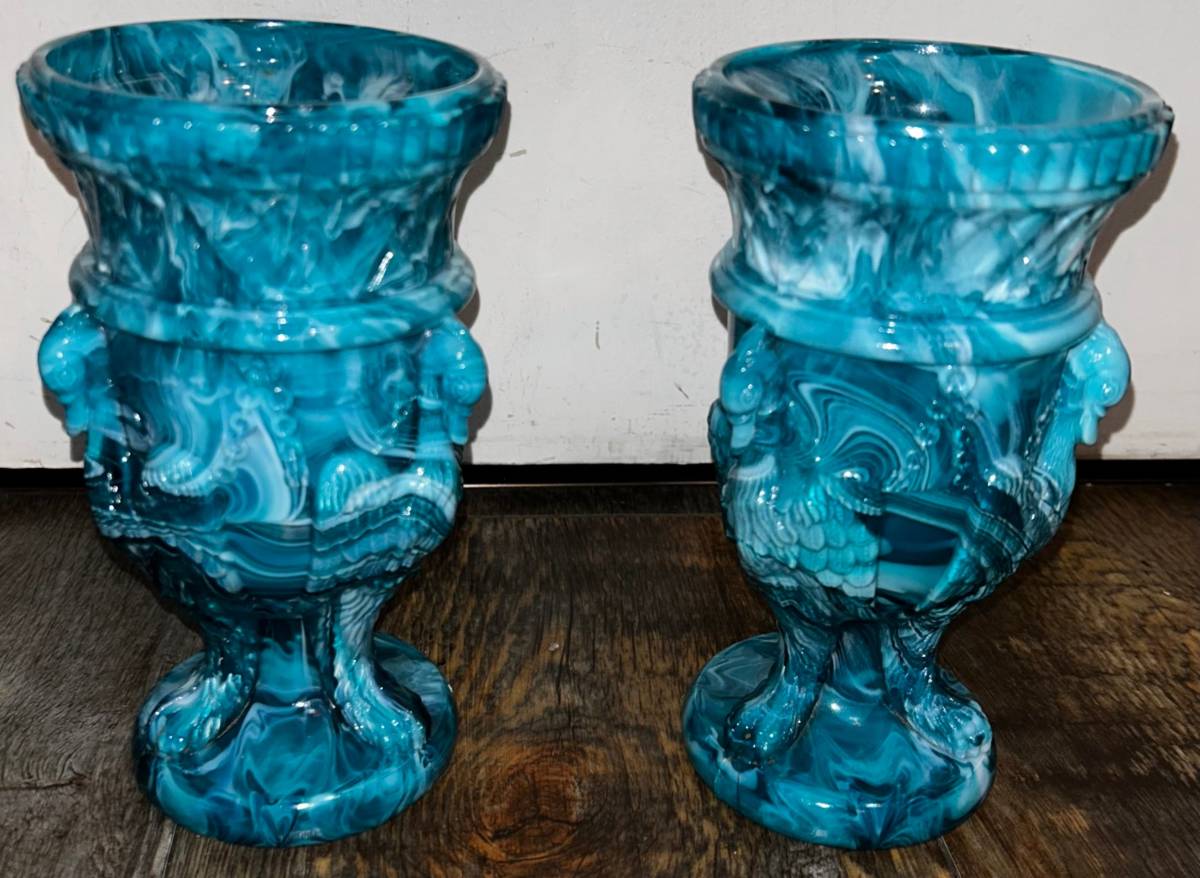 【No.149】希少 Antique Sowerby Turquoise Malachite Slag Glass アンティーク ターコイズ マーブル グラス 2客 ヴィンテージ 現状品