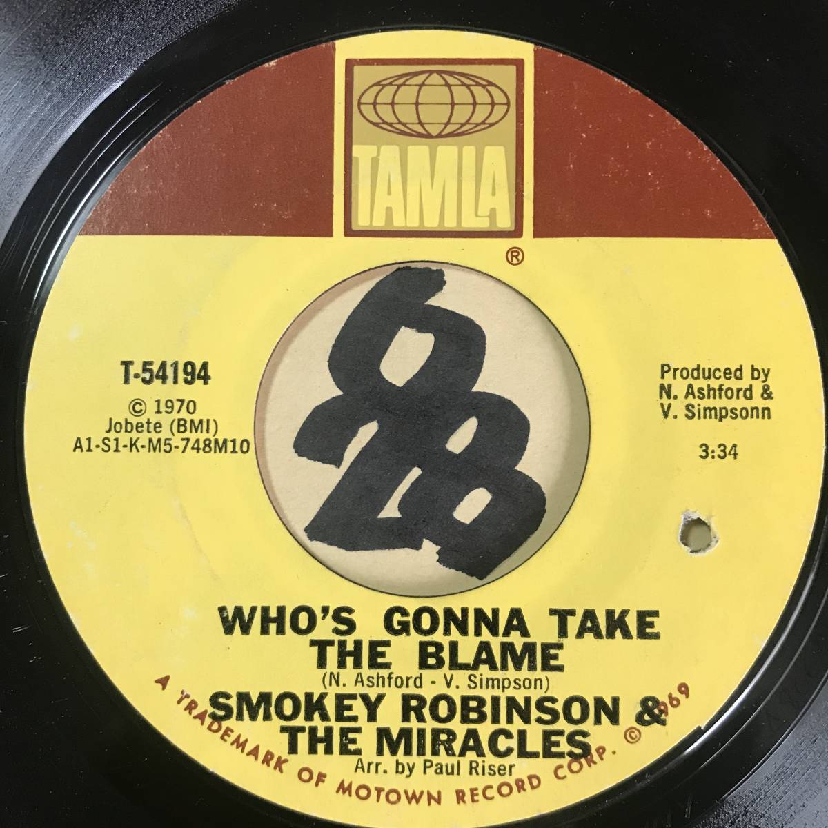 試聴 SMOKEY ROBINSON & THE MIRACLES WHO’S GONNA TAKE THE BLAME / I GOTTA THING FOR YOU 両面EX SOUNDS EX+ 1969 _画像1