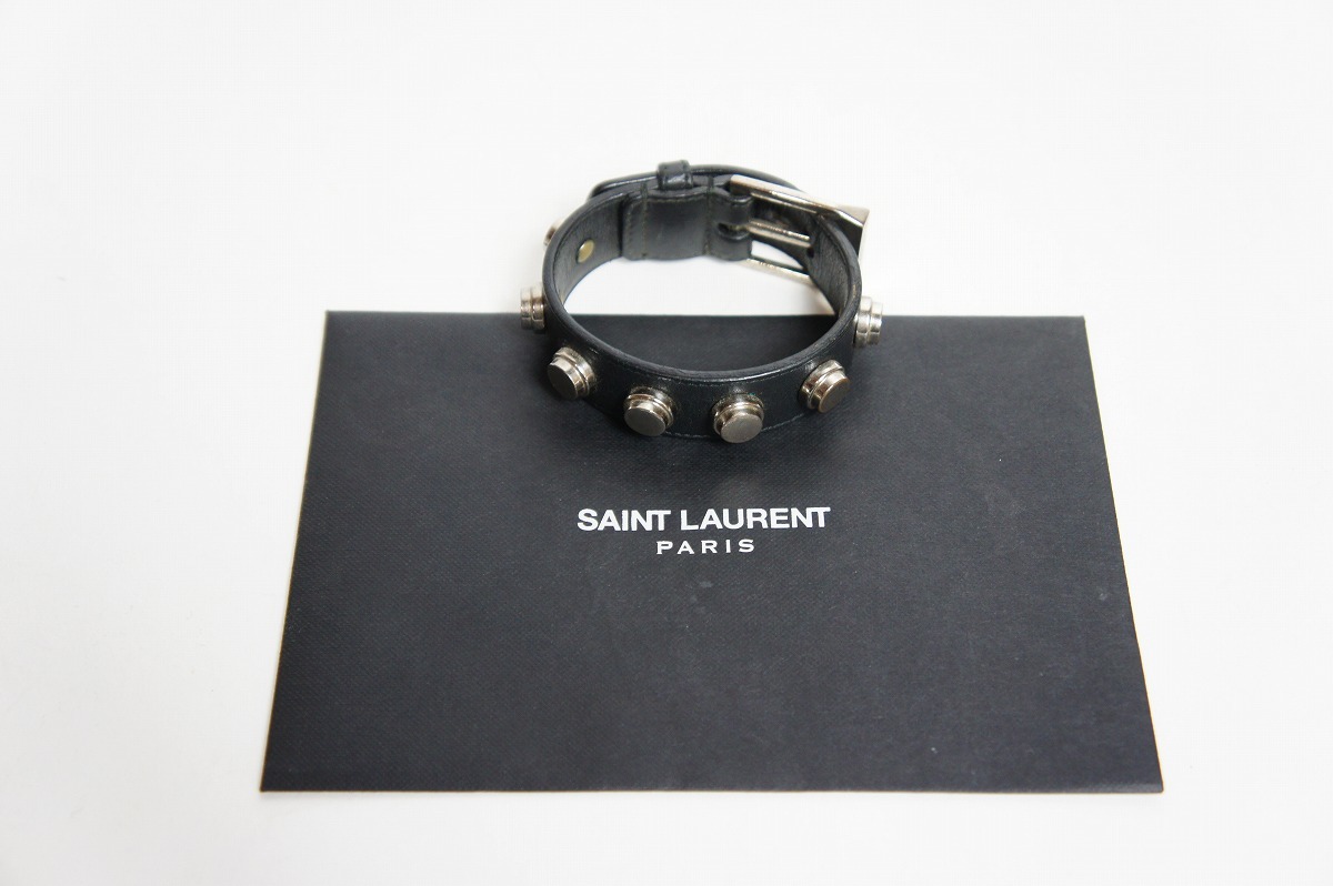 国内正規 13SS SAINT LAURENT PARISサンローラン スタッズ ナロー ブレスレット バングル エディ期 本物 黒1015N▲_画像1