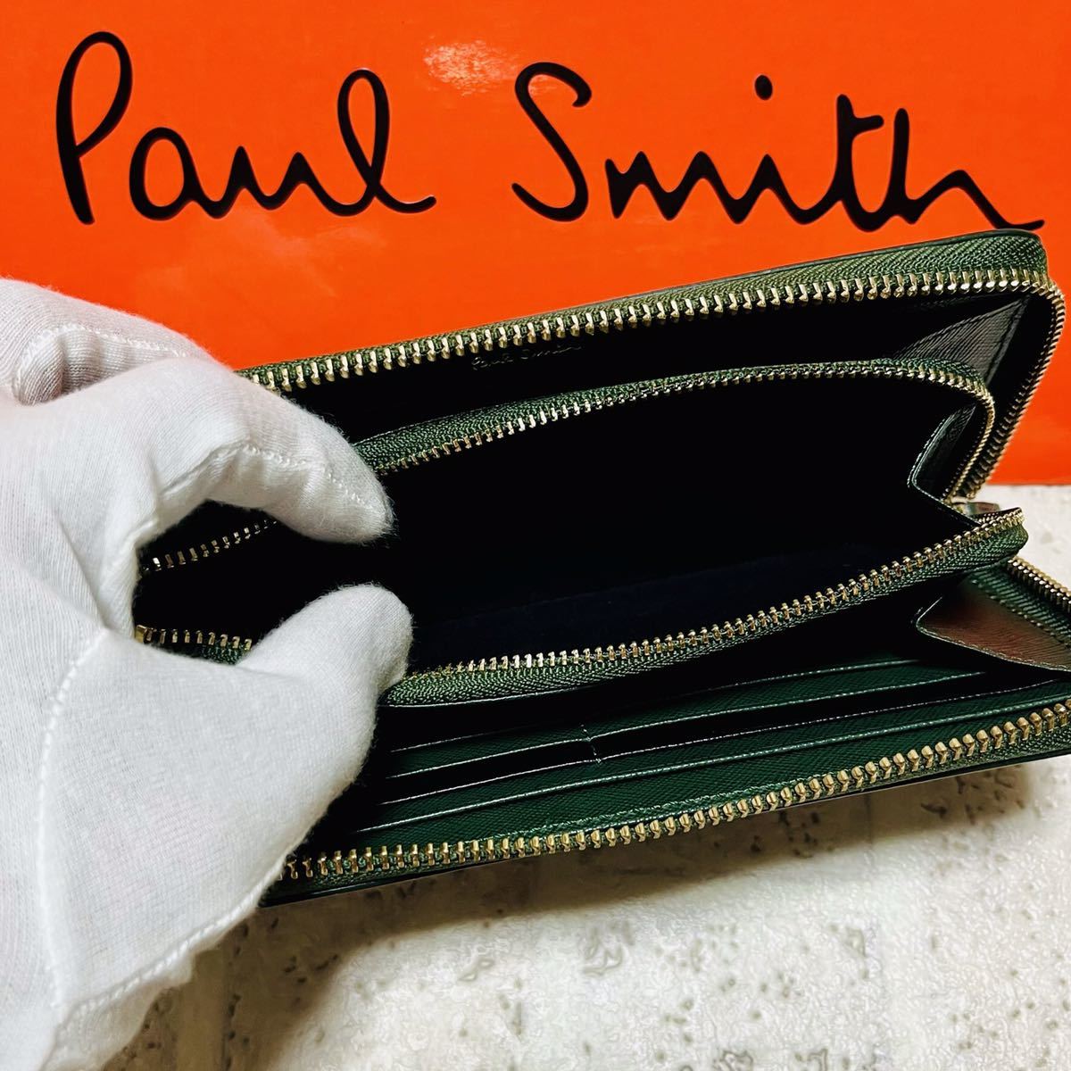 美品 新作 ポールスミス PaulSmith ポールドローイング 長財布 ロングウォレット ラウンドファスナー ダークグリーン メンズ 8555