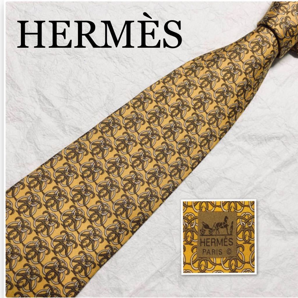 ■美品■HERMES エルメス　ネクタイ　ツタ　蔦　総柄　シルク100% フランス製　イエロー系_画像1