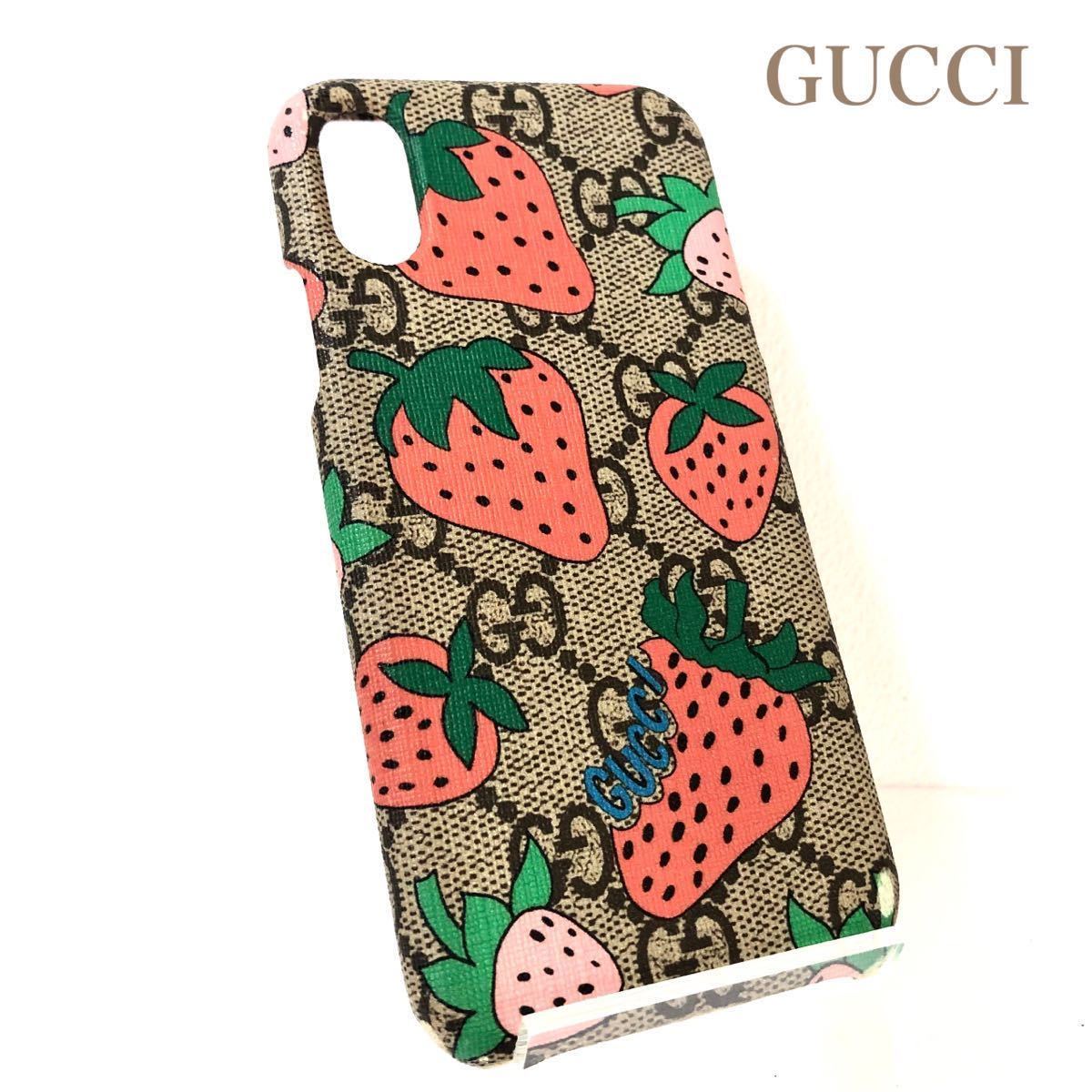 GUCCI グッチ iPhoneカバー iPhoneX XS用 GG総柄×いちご GGスプリーム