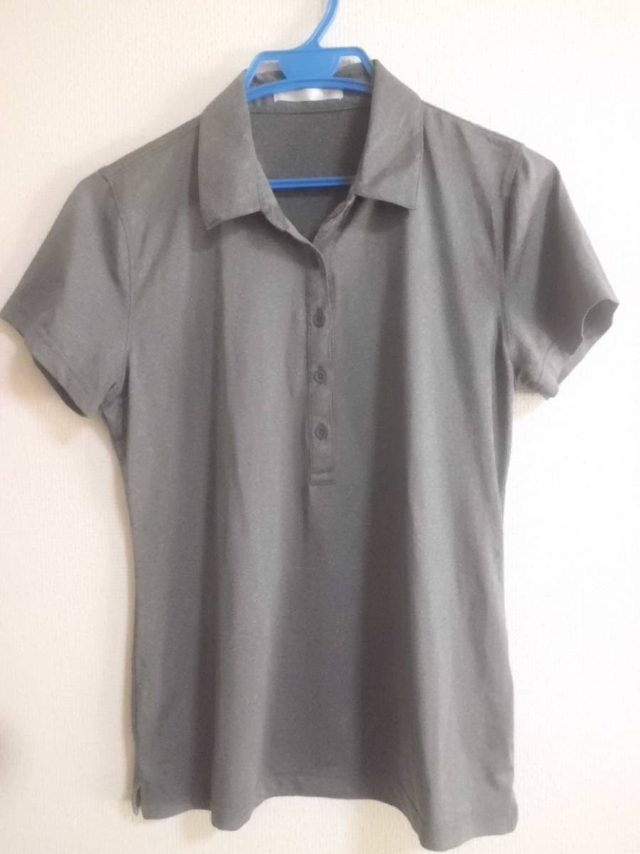  short sleeves half button collar attaching shirt gray lady's M size postage 185 jpy ~