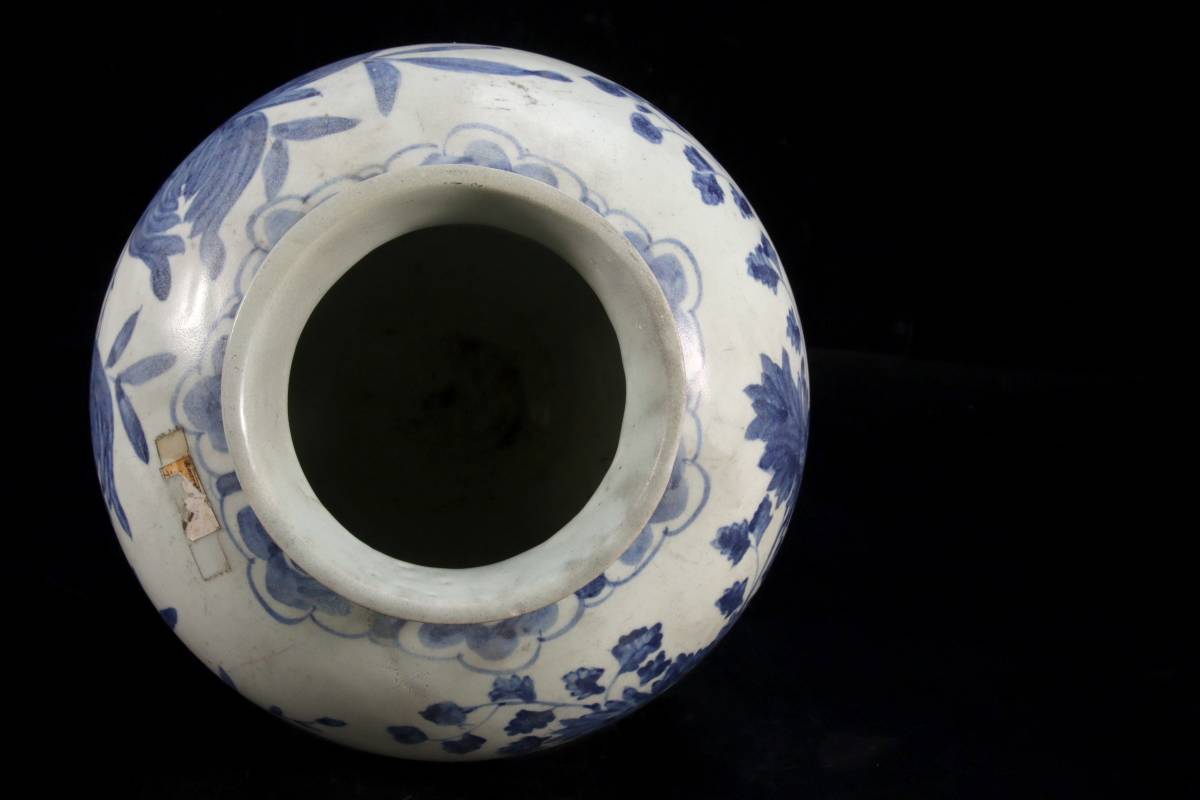 ◇錵◇ 李朝時代 白磁製 花文染付花瓶 25cm 壷 提灯壷 朝鮮古陶 唐物