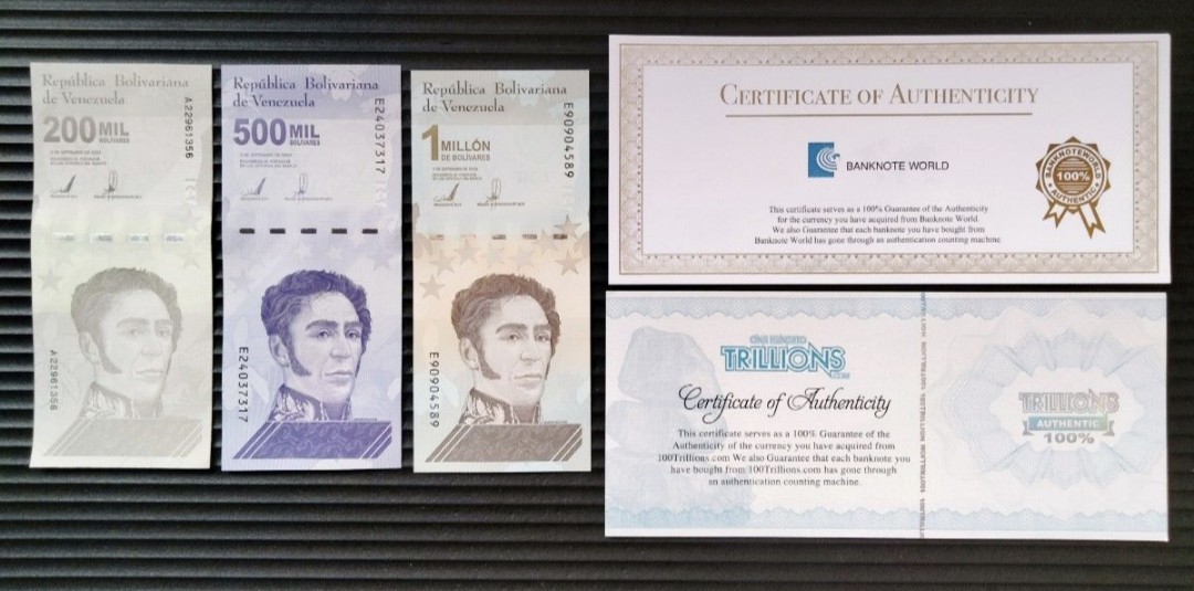 【在庫不足】ベネズエラ　20万　50万　100万　ボリバル・ソベラノ　3枚セット　未流通・未使用　証明書付き　外国紙幣_画像1