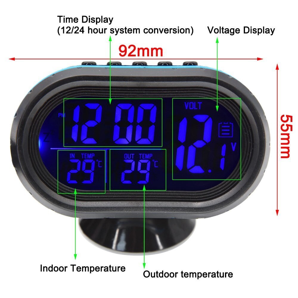 4 IN1 デジタル電圧計 12V24V 多機能 車 温度時計 LED 自動温度計 電子時計 常夜灯時計 カスタム アクセサリー カラー選択の画像4