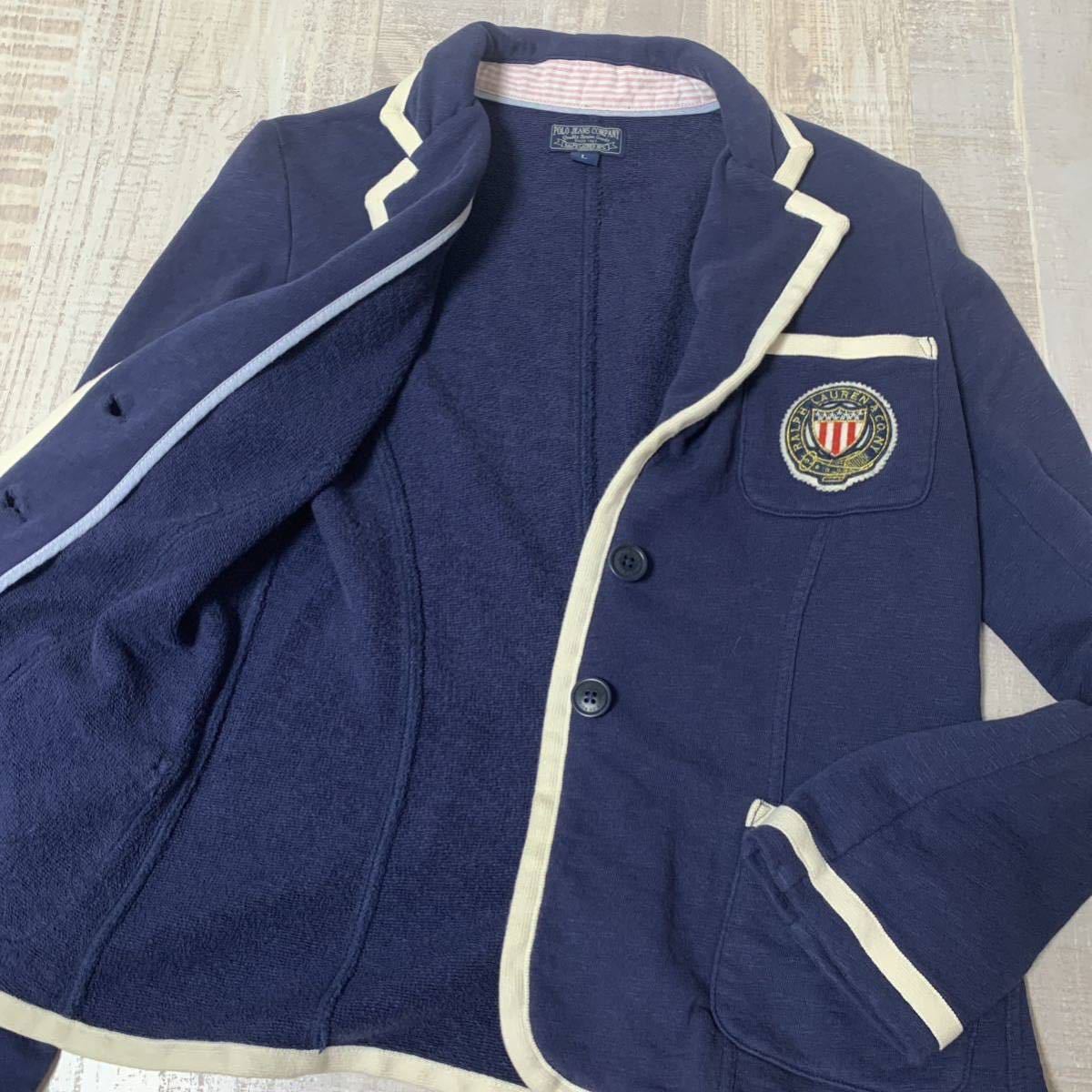 【エンブレム付】POLO JEANS COMPANY ロゴワッペン スウェット テーラード ジャケット ブレザー ネイビー 紺 ラルフローレン ポロカン
