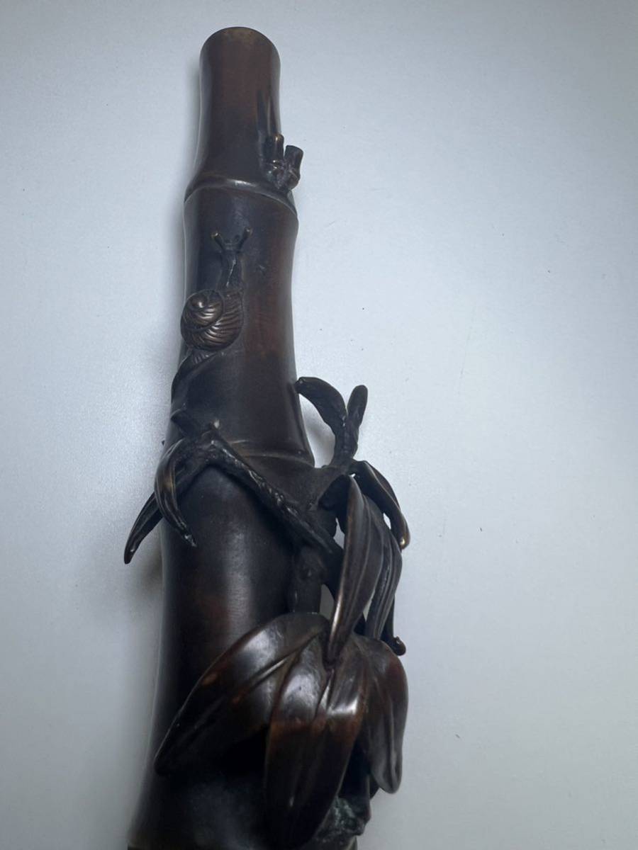 時代金工 亀女作 「竹蝸牛」銅製置物　高22.5cm 重543g時代金工_画像3