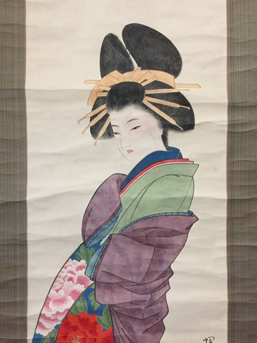 掛軸 美人画 肉筆 明治 在銘 紙本 日本画 和服 浮世画 骨董品 (和本 古文書_画像2