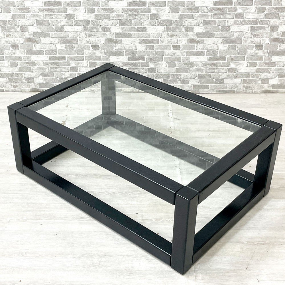 ● モダンデザイン Modern Design レクタングル コーヒーテーブル ローテーブル ガラストップ × ウッドフレーム ブラック シンプル