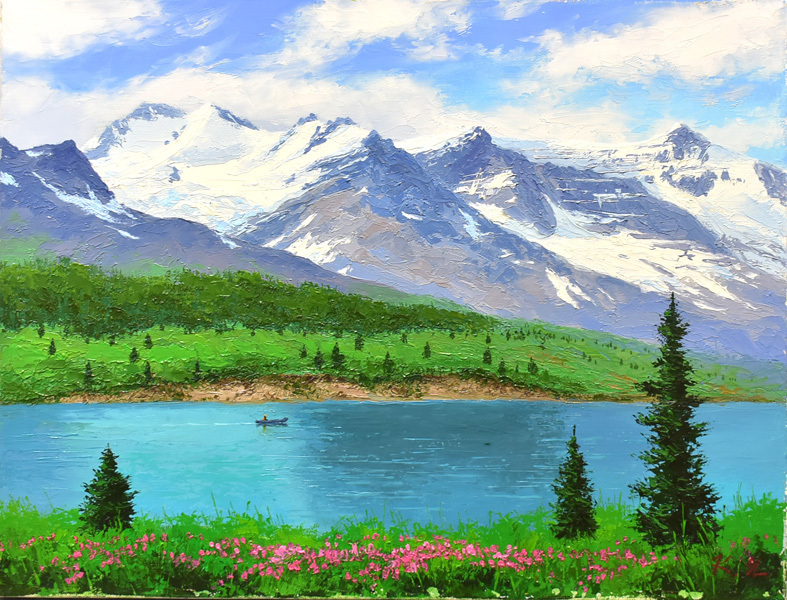 アルプスに囲まれた静かな湖面のリゾートです、明るく通年飾れます！　油彩画　　作者不詳　　６号　　「氷河の夏」　【正光画廊】
