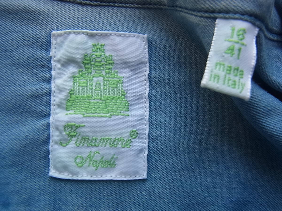 Finamore フィナモレ　インディゴシャンブレー素材　バンドカラーシャツ　サイズ 16 - 41 　MADE IN ITALY_画像5