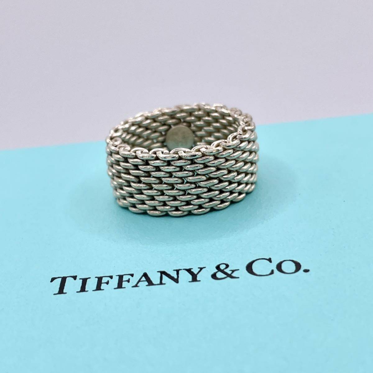 美品 Tiffany ティファニー サマセット メッシュ リング 指輪 チャーム 925 シルバー チェーン スターリングシルバー