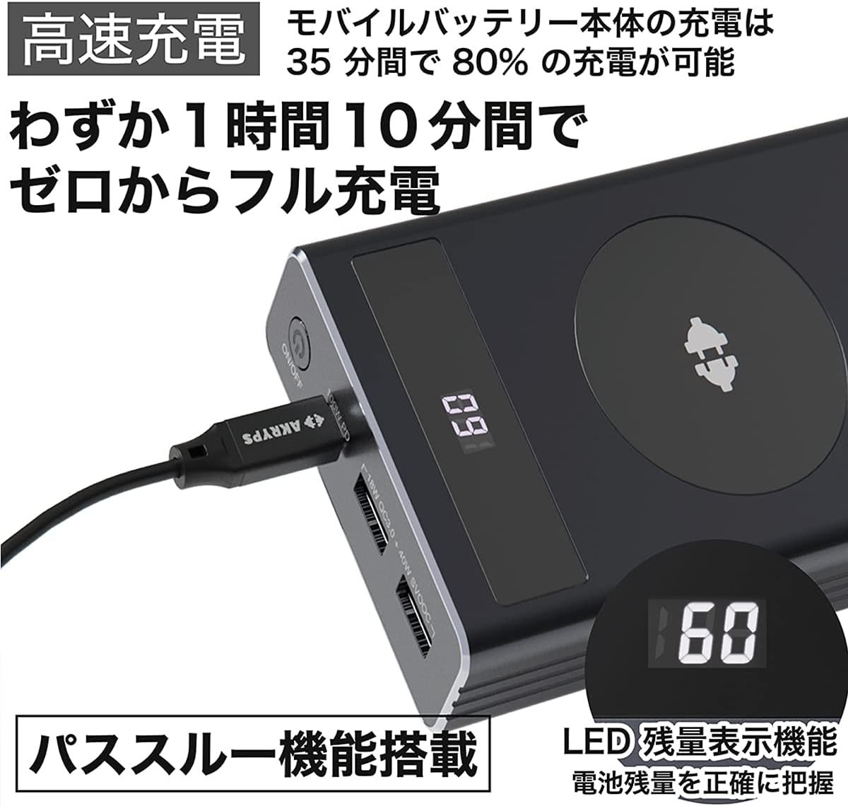 AKRYPS 100W 高出力ポート 10W ワイヤレスパッド搭載 モバイルバッテリー 大容量 20000mAh 合計最大出力150W 電源タップ　AC 充電　USB-C_画像6