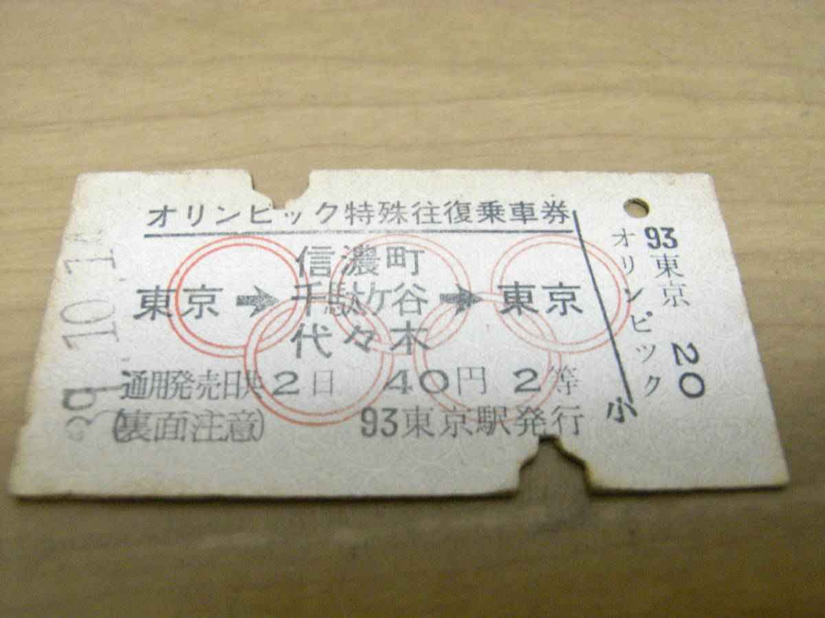 オリンピック特殊往復乗車券　東京→信濃町 千駄ヶ谷 代々木→東京　40円2等　昭和39年10月14日　東京駅発行　_画像1