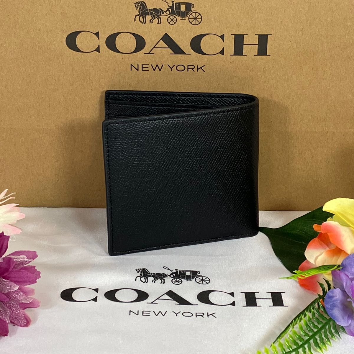 新品未使用 COACH 黒 シンプル Cロゴ 折り財布 2つ折り メンズ
