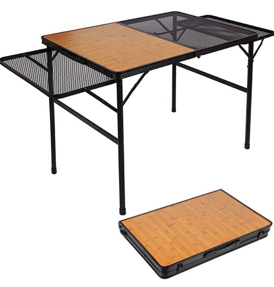キャンプ テーブル メッシュ サイドテーブル付き 2-4人用 アウトドア テーブル 木製 軽量 高さ2段階調整可能 折りたたみテーブル コンパク