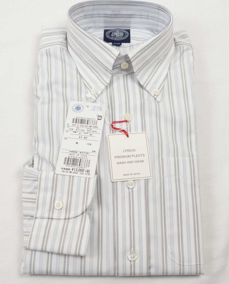 ●J.PRESS長袖ボタンダウンシャツ(37-82,白、グレー・サックスストライプ,HW0400,プレミアムプリーツ(形態安定),日本製)新品