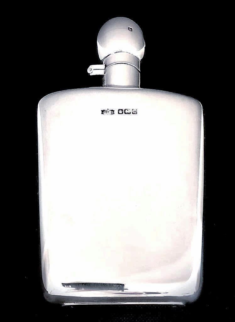 英国アンティーク ART-DECO スキットル/ヒップフラスク ウイスキー オールドボトル 純銀 177g/200ml 5-6OZ エドワード期 1914年 JD&S社製