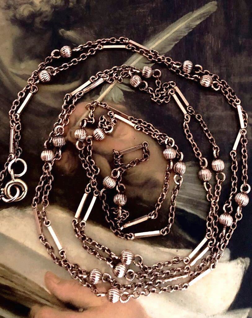 英国アンティーク マフ/ガード/ウォッチ 懐中時計 チェーン R.Gold ボール装飾 ロング 2連ネックレス 120cm/12.3g エドワード期1900年初期