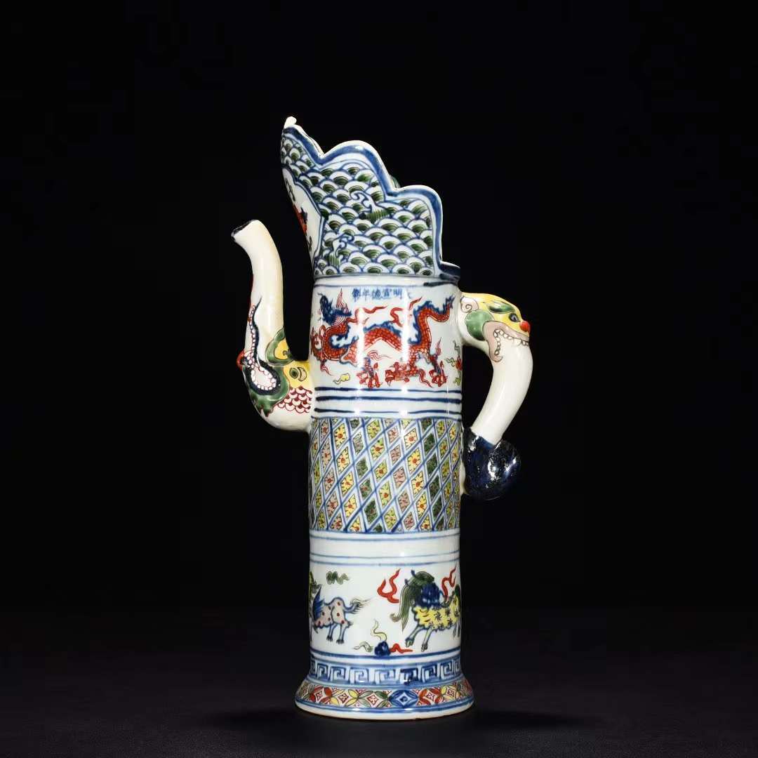 最安価格 五彩 染付 宣徳 明時代 麒麟龍紋多穆壺 直径19cm【HB804】 高