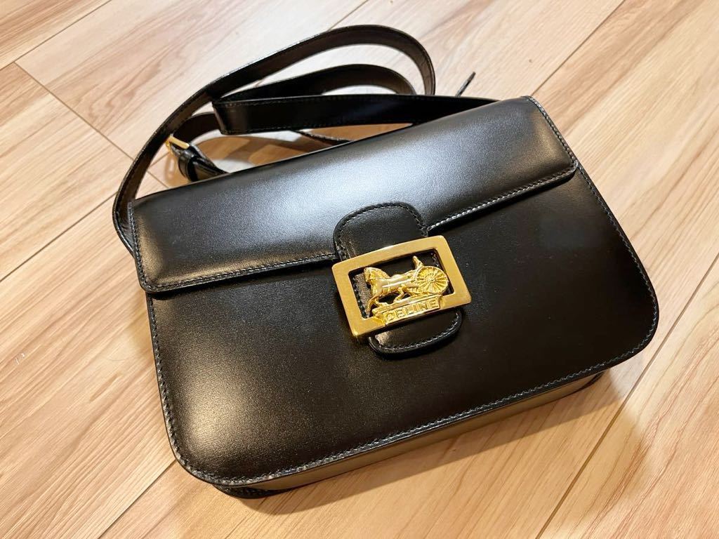 本物】CELINE セリーヌ ヴィンテージ 馬車金具 ロゴ カーフレザー 本革