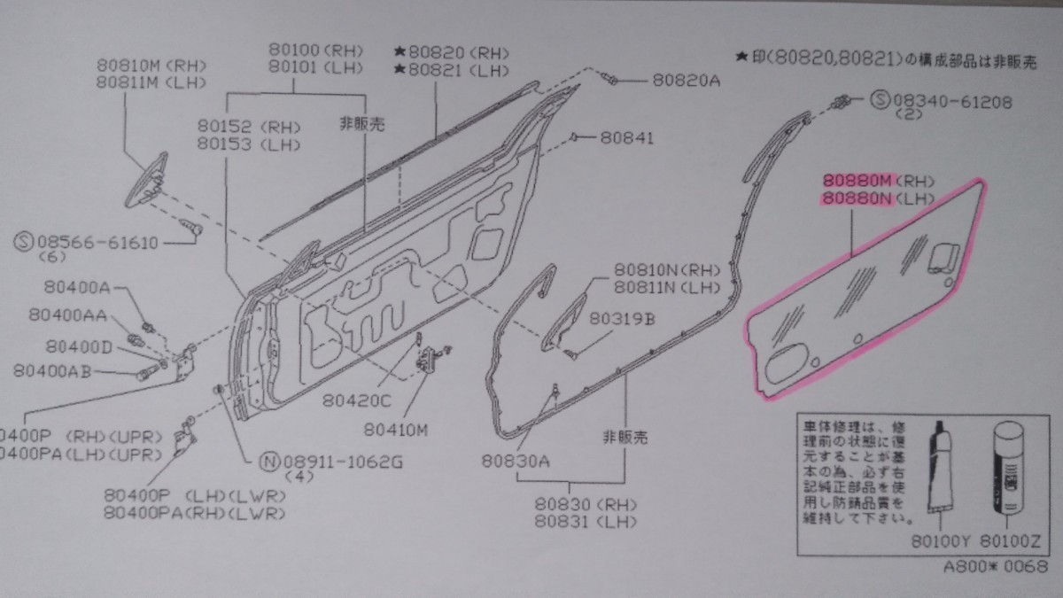 Z32フェアレディZ 純正フロントドア シーリングインナースクリーン(89.7～2S/2by2共通) 左右+PWブチルテープx1 未使用新品_イラストの赤マーキング部分です。