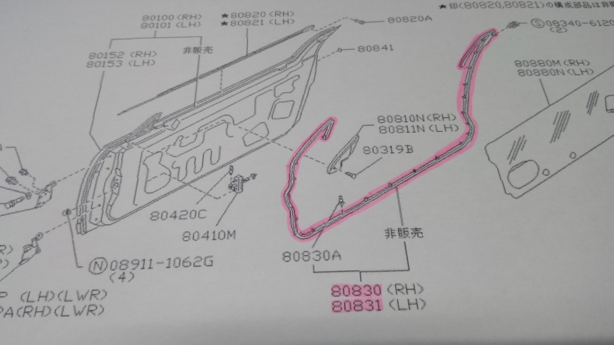 Z32フェアレディZ(コンバーチブル・北米車含む) ２シーターフロントドア用 純正ウェザーストリップ 左右１台分 未使用新品_イラストの赤マーキング部分です。