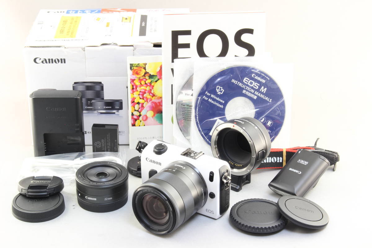 AB (良品) Canon キャノン EOS M ホワイト ダブルレンズ マウントアダプター フラッシュ 18-55mm 22mm 初期不良返品無料 領収書発行可能