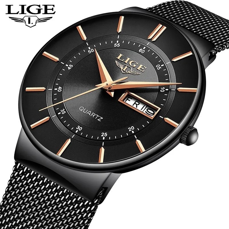 新品未使用 最新 LIGE 高級 メンズ腕時計 ラグジュアリー 30M 防水 薄型 クォーツ ファッション ウォッチ ブラック&ブラック ゴールド_画像1