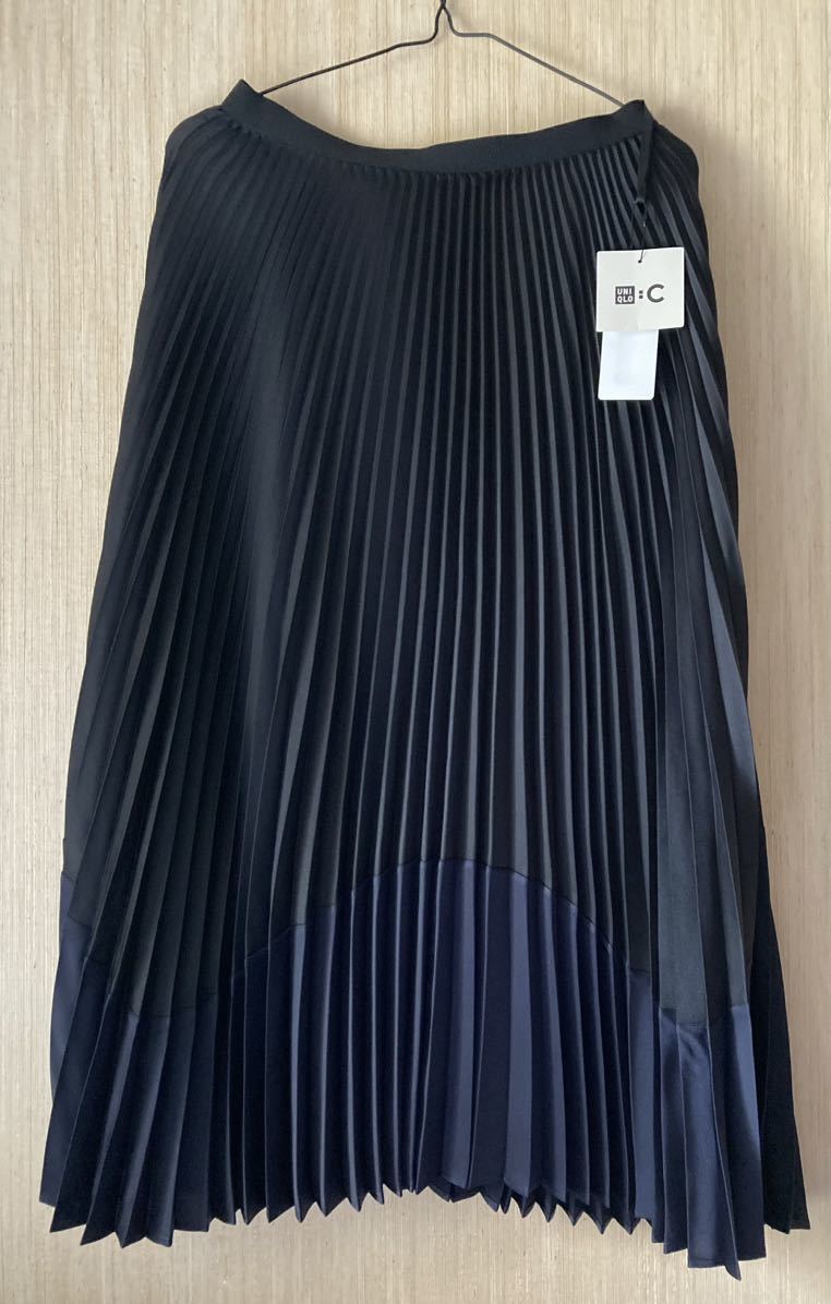 ユニクロC プリーツカラーブロックスカート 新品 M ブラック 黒