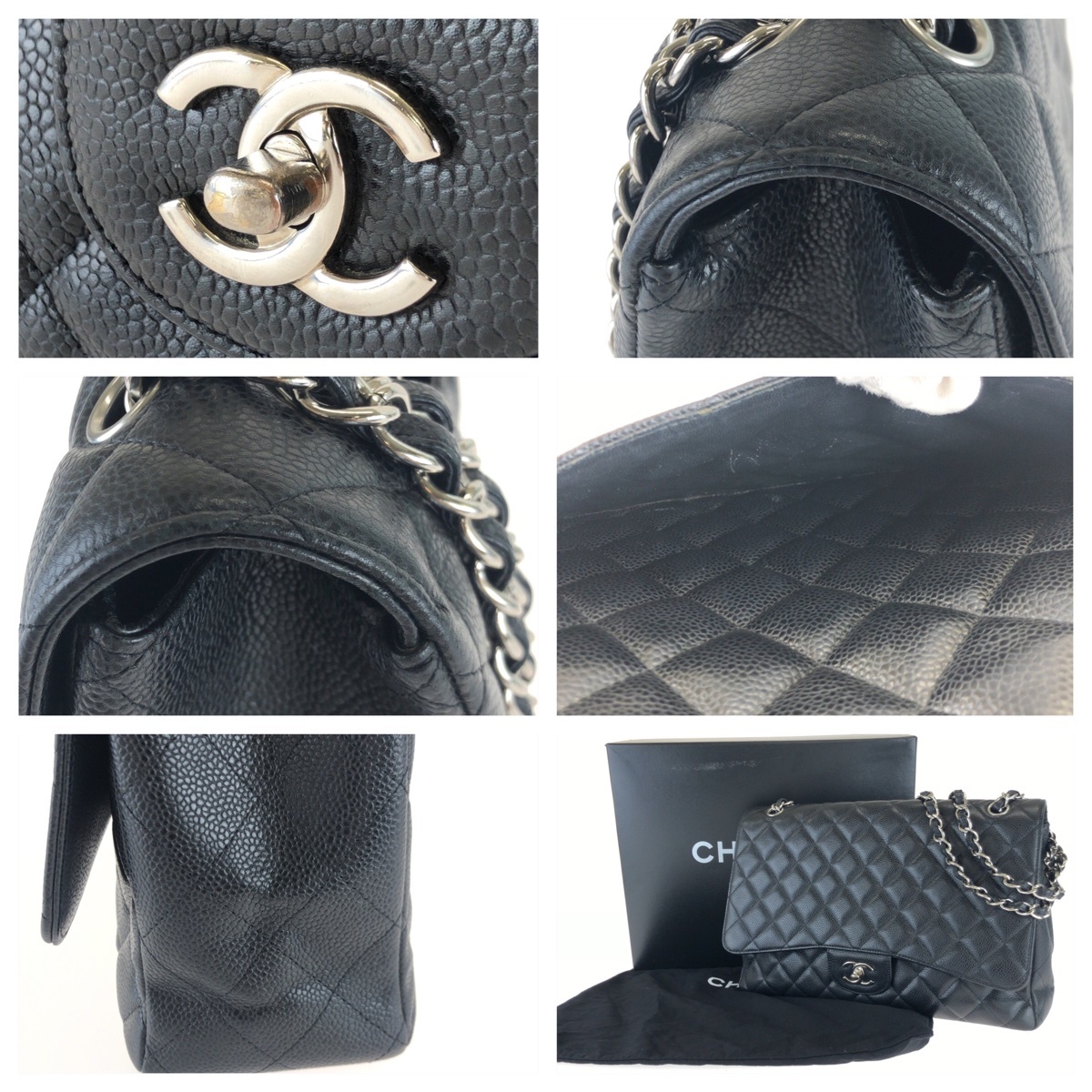 美品 CHANEL シャネル マトラッセ シングルフラップ ココマーク ブラック シルバー金具 キャビアスキン Wチェーンショルダー 403769_画像6