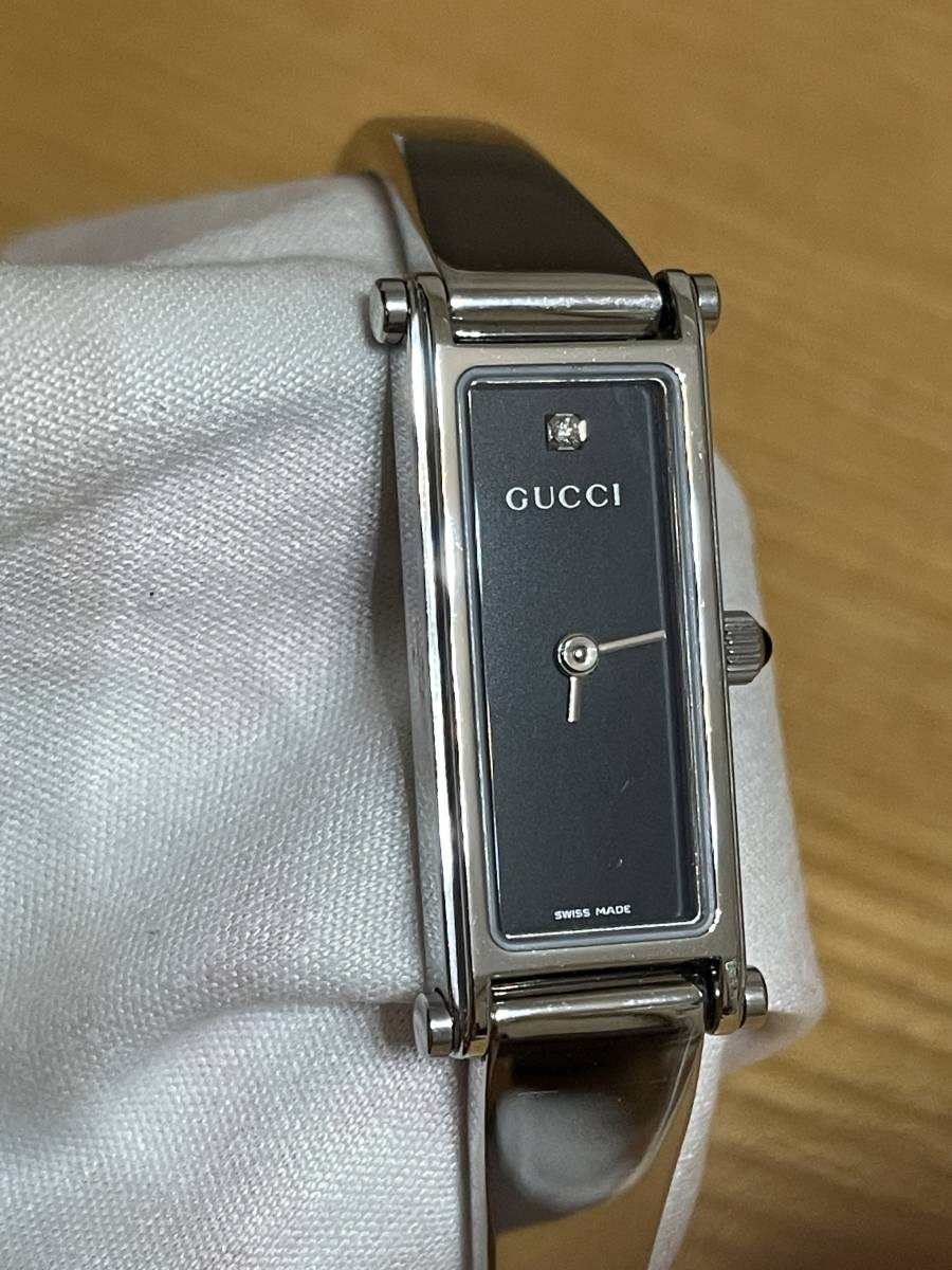 美品 GUCCI グッチ 1500L 1Pダイヤ スイス製 黒文字盤 レディース腕時計 シルバー クォーツ 稼働品_画像1