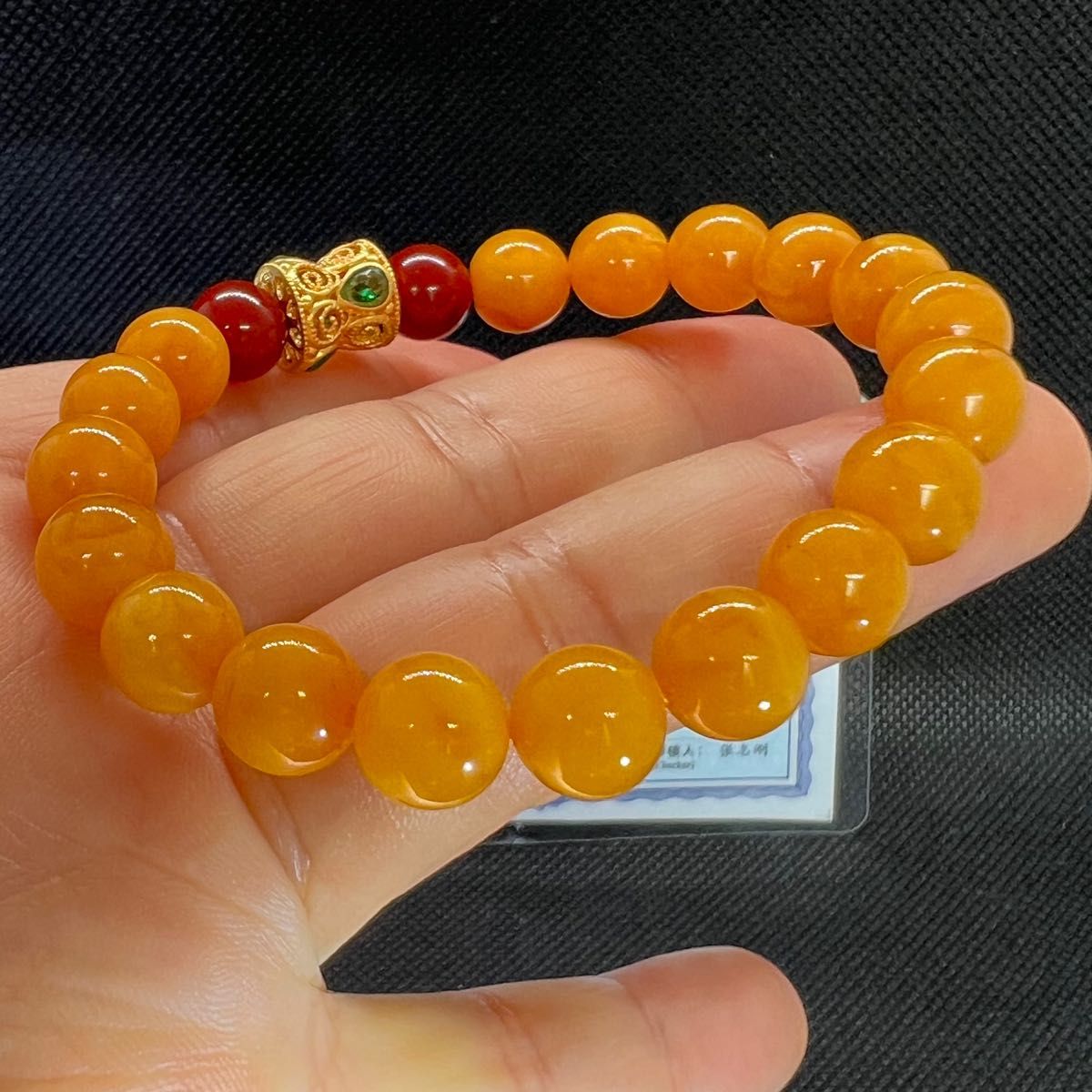 【新品】18K使用路路通の天然琥珀パワーストーンブレスレット南紅瑪瑙付き【海外鑑定書付き 】★AB792