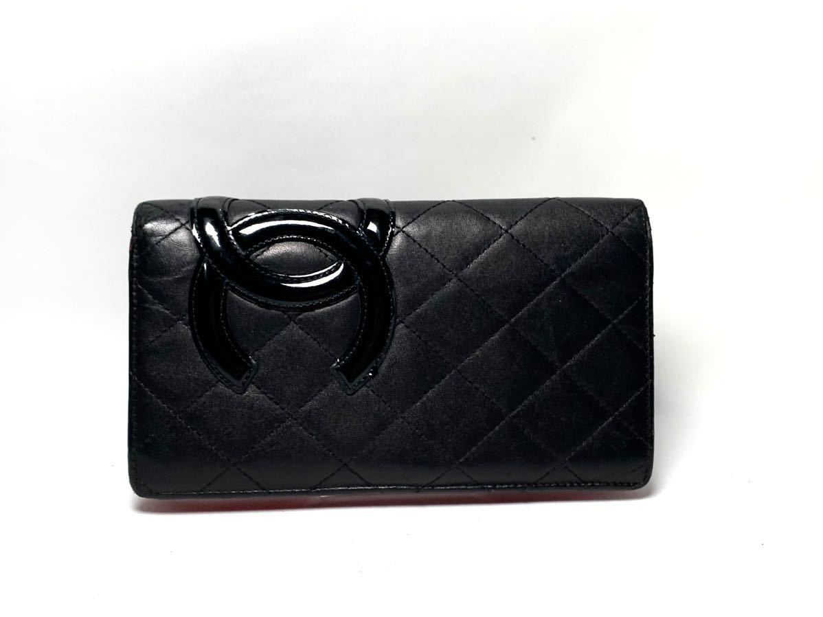 美品　CHANEL シャネル カンボンライン 二つ折り 長財布 ブラック×ブラック レザー ロングウォレット 黒 ココマーク　シール