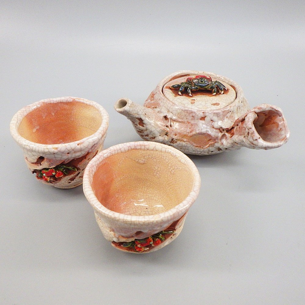 1円~ 楽山焼 天神蟹精密彫 蟹茶器 急須 湯呑 計3点 伝統工芸 煎茶道具