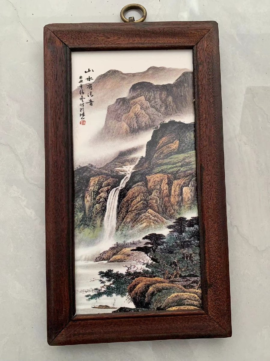 磁板絵 色絵磁器 山水画 4枚セット 額付 唐物 中国古美術_画像4