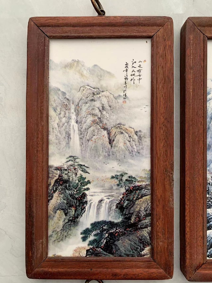 磁板絵 色絵磁器 山水画 4枚セット 額付 唐物 中国古美術_画像2