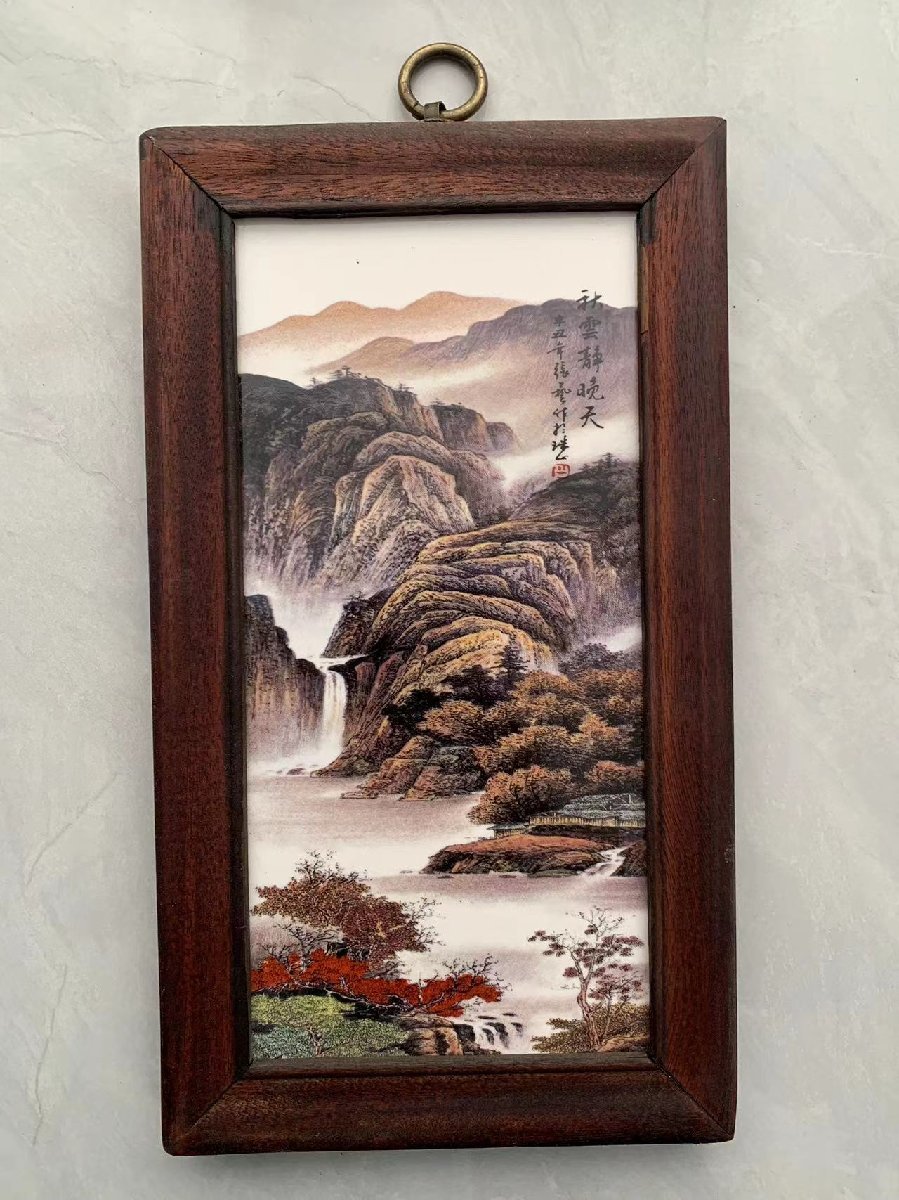 磁板絵 色絵磁器 山水画 4枚セット 額付 唐物 中国古美術_画像6