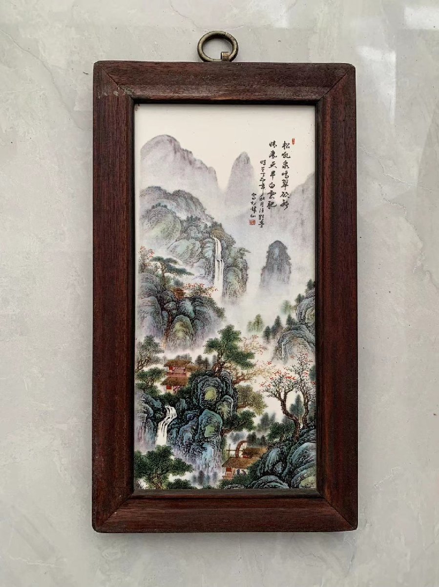 磁板絵 色絵磁器 山水画 4枚セット 額付 唐物 中国古美術_画像3