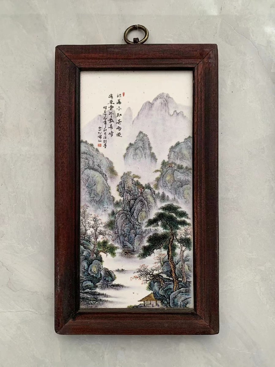磁板絵 色絵磁器 山水画 4枚セット 額付 唐物 中国古美術_画像2