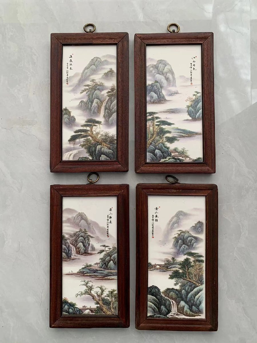 磁板絵 色絵磁器 山水画 4枚セット 額付 唐物 中国古美術_画像1