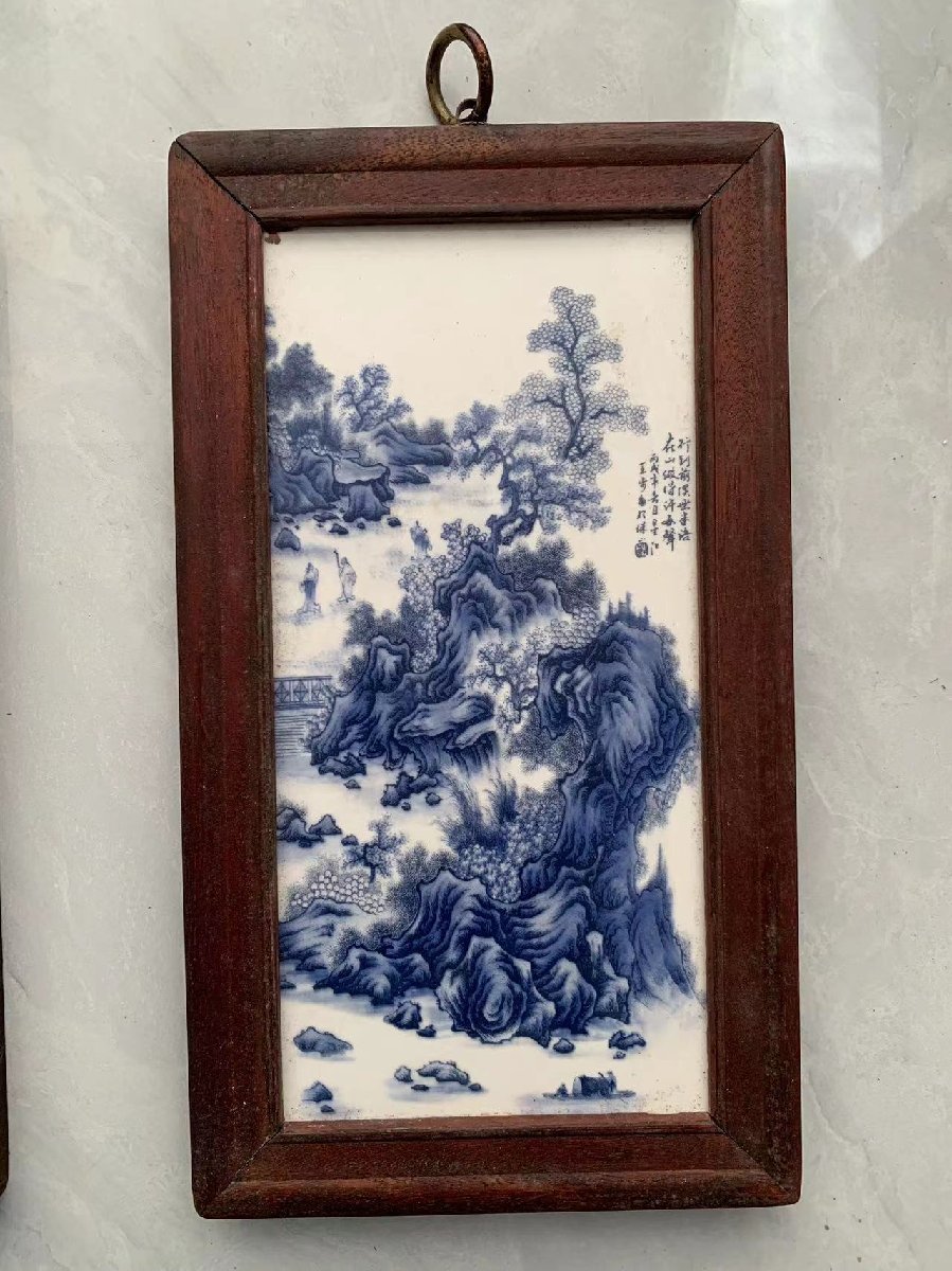 磁板絵 色絵磁器 山水画 4枚セット 額付 唐物 中国古美術_画像4