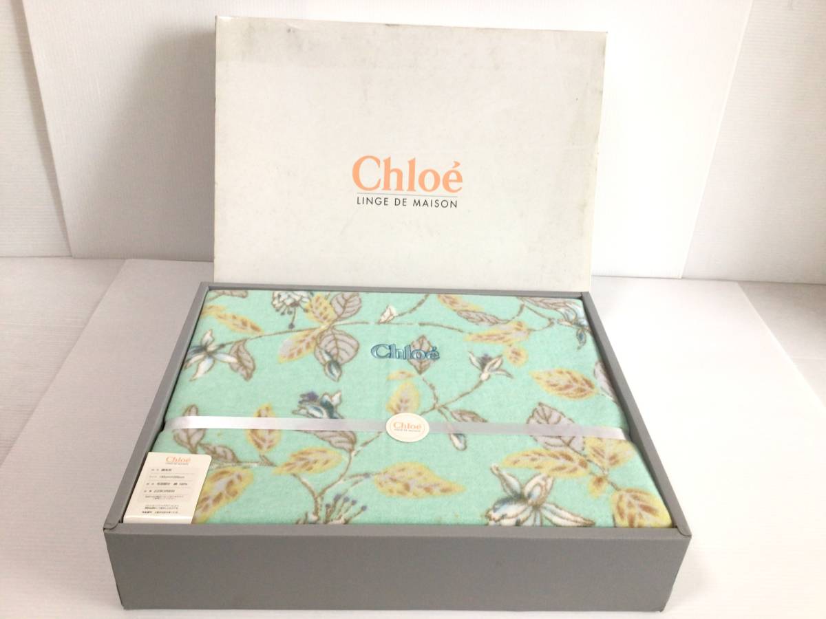 Y334 unused Chloe/ Chloe cotton blanket LINGE DE MAISON 140×200cm cotton 100% green floral print Logo embroidery in box 