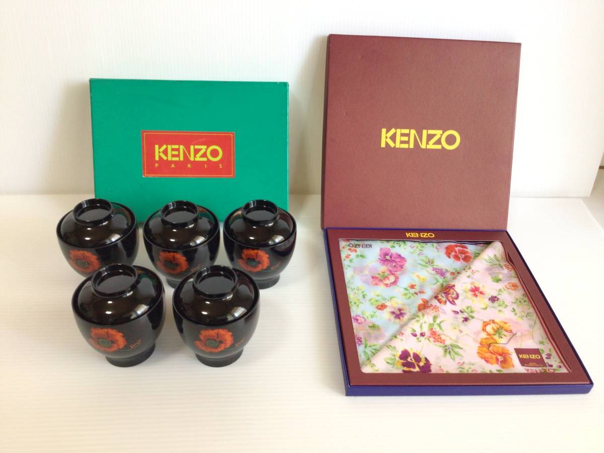 Y398 未使用　まとめて！　KENZO/ケンゾー　2箱セット　麗小吸椀揃/花柄　ハンカチ2枚セット　花柄　箱入_画像1