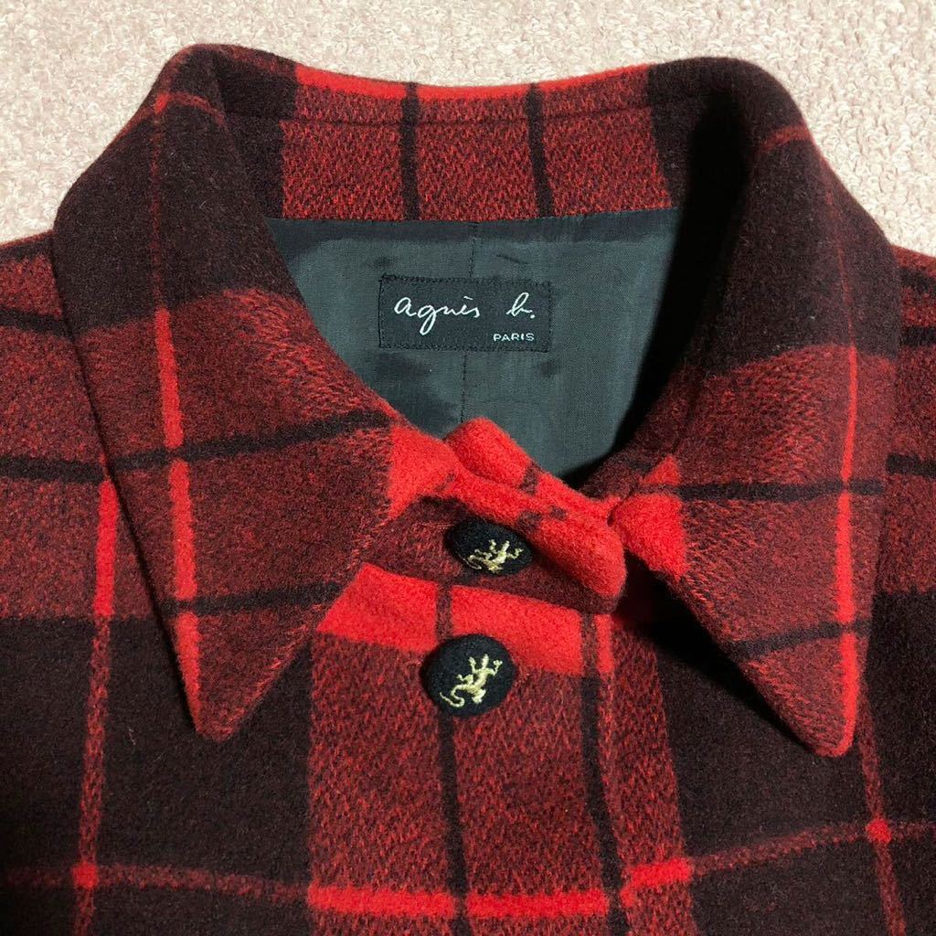 agnes b. Agnes B wool check turn-down collar jacket 38 leather ru button red check jacket turn-down collar leather ru lizard 