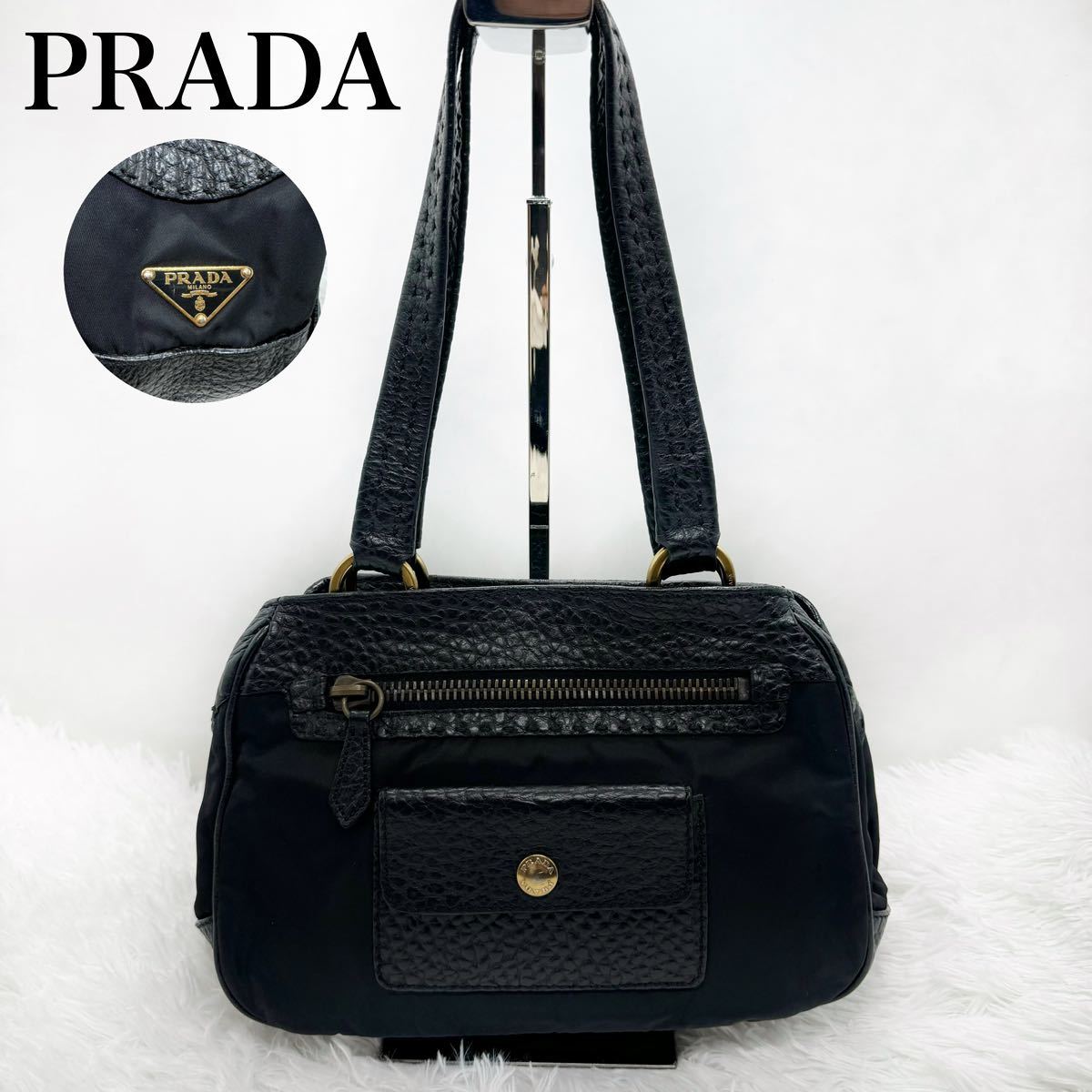 好きに 超美品！PRADA プラダ ショルダーバッグ レザー ナイロン 三角