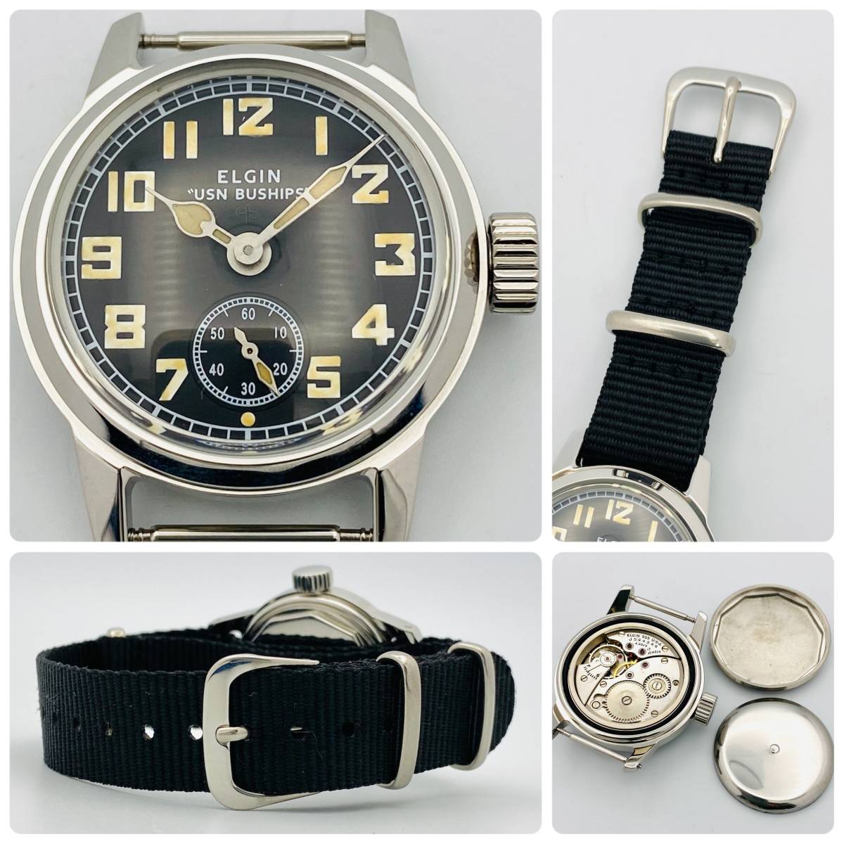 即決【美品 OH済】ELGIN エルジン 米軍 UDT◆復元 WW2 USN BUSHIPS 手巻き ミリタリー ダイバー  ウォッチ/軍用/メンズ腕時計/黒/ハミルトン