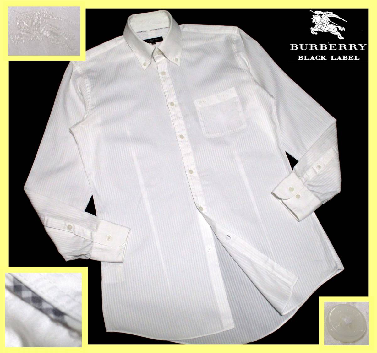 極美品 バーバリーブラックレーベル ホース刺繍 シャドーストライプ総柄 ラグジュアリーデザイン ボタンダウンシャツ サイズ S～M(38)