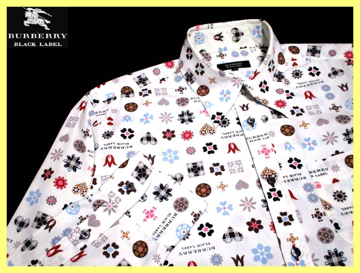 激レア モノグラムデザインプリント総柄 大人気サイズ L(3) 美品 バーバリーブラックレーベル ホワイト系 シャツ
